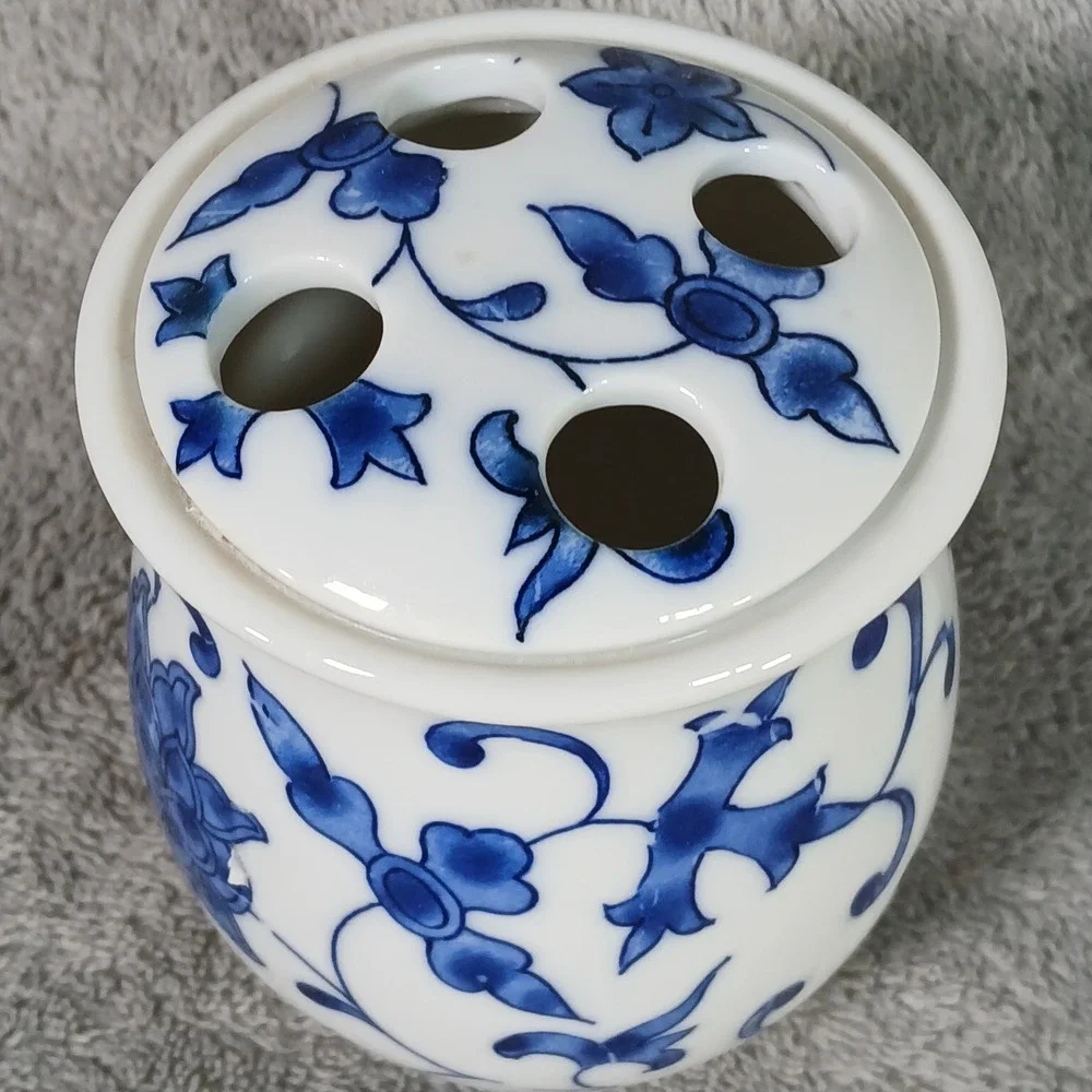 Vintage Bathroom Set  Soap Dish & Toothbrush Holder Blue Floral Porcelain Decor